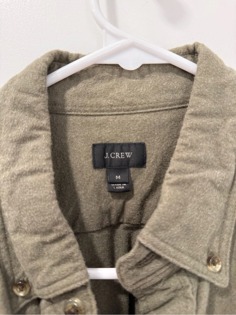J. Crew Olive Green Button-Down Shirt with Tan Leather Elbow Patches